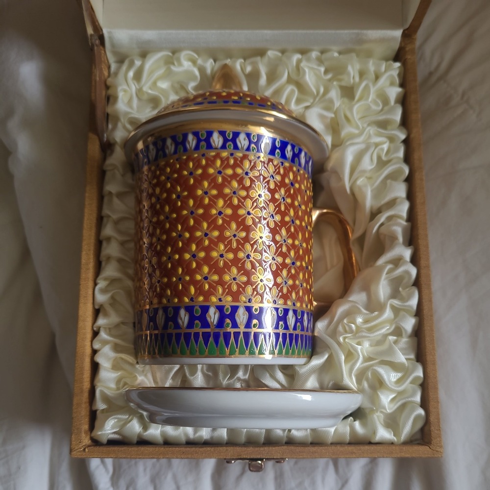 Thai Benjarong Hand-Painted Porcelain Mug, Lid, and Saucer in original gift box